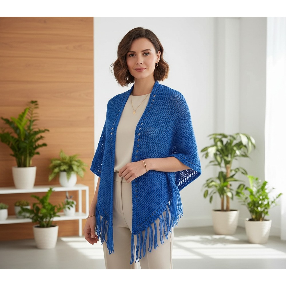 Blue NEW Hand Knitted Shawl Wrap Scarf Boho Hippie Coastal Cottage Beach Artsy